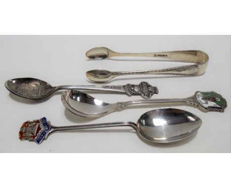 Continental white metal Rolex Bucherer 'LUGANO' souvenir spoon together with two silver and enamel souvenir spoons and a pair