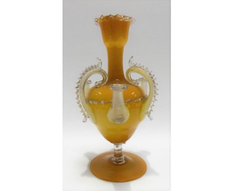 Venetian glass yellow opaque pedestal bud vase with triple loop handles and triple bud stems, height 18cm