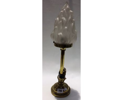 Early 20th Century brass table lamp with flame moulded frosted glass shade, height 47cm
