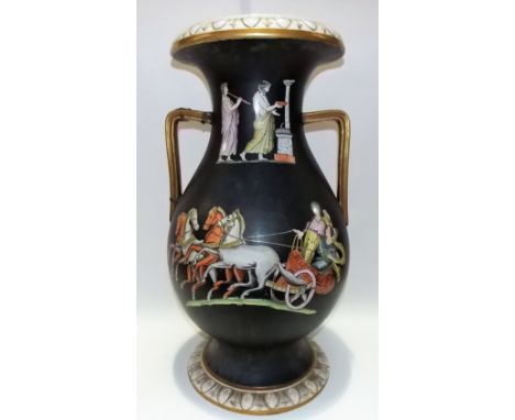 Large 19th Century Greek revival twin handled transfer printed baluster vase decorated with classical figures and a lady and 