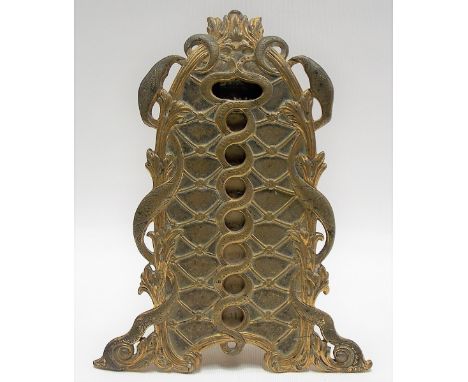 Victorian brass foliate scroll, pierced and moulded perpetual easel calendar, with day apertures and date ribbon, height 19cm