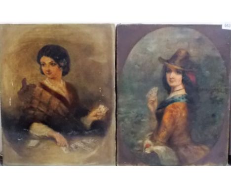 19th Century BRITISH SCHOOL Three-quarter length portrait of lady with a hand of cards carrying a basket Oil on canvas 44.5cm