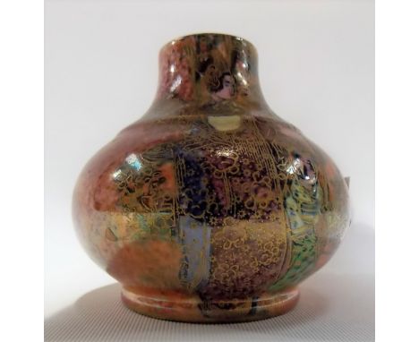 Wilton ware lustre small ovoid vase painted with oriental figures upon a mottled red and orange ground, height 8cm.