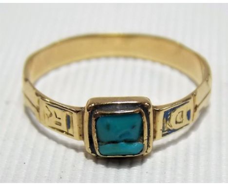 Georgian yellow metal ring the shank engraved 'REGARDS' with traces of pale blue enamel and set a turquoise, weight 1.5g appr