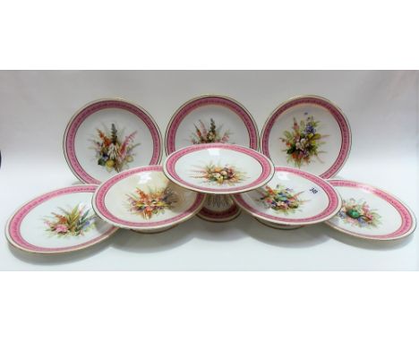 Victorian Royal Worcester part dessert set comprising three comports and six side plates, each painted with still life of flo