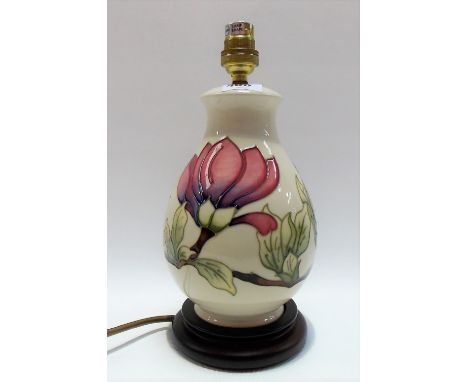 Modern Moorcroft Pottery 'Pink Magnolia' table lamp base, height overall 28cm