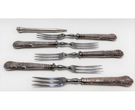 Silver engine turned propelling pencil together with a set of five silver weighted handle fruit forks