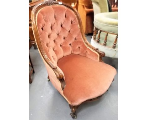 Victorian walnut framed button back upholstered nursing chair