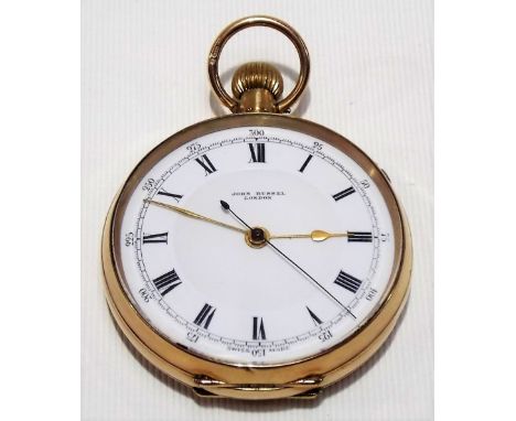 9ct gold open face chronograph crown wind pocket watch, the 42mm white enamelled dial signed JOHN RUSSELL LONDON, weight 78.3