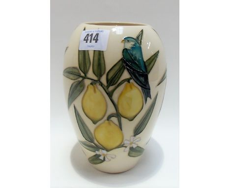 Moorcroft Pottery lemon and bird decorated vase with cream ground, painted and printed marks to the base, height 17.5cm (craz