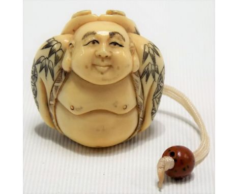 Japanese Meiji period carved ivory netsuke modelled as a contortionist, signed, width 3.5cm