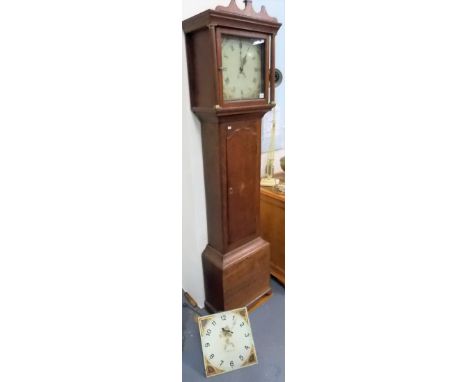 Oak cased 30 hour long case clock with 12in painted enamel dial, the oak case with shall inlaid door, height 188cm; together 