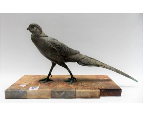 Art Deco spelter pheasant model upon rectangular marbled base, width 50cm (AF)
