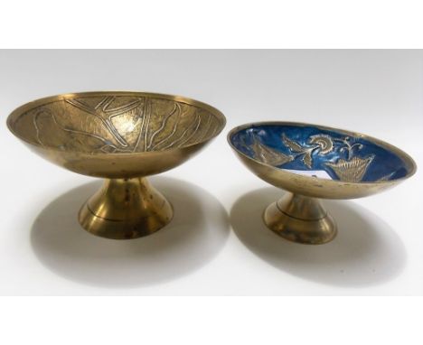 Two eastern brass footed bowls, both foliate cast, one with blue enamel decoration to the interior, diameter of largest 12cm