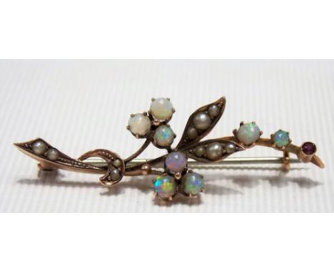 Yellow metal opal, pearl and ruby set floral spray bar brooch, weight 2.2g approx.