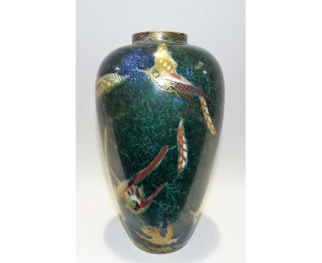 Wedgwood 'Flying Hummingbird' lustre vase, painted and gilded with various hummingbirds upon a mottled green and blue ground,