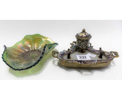 19th Century brass champlevé enamel alabaster desk stand, width 16cm; together with a green Carnival glass dish