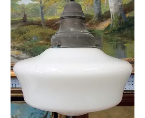 Copper ceiling light with white opaque glass ovoid shade, height overall 40cm