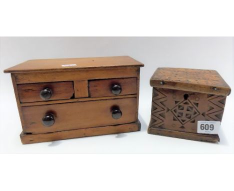 A 19th Century Provincial fruitwood hinged tea caddy with incised geometric decoration, height 8.5cm; together with a stained