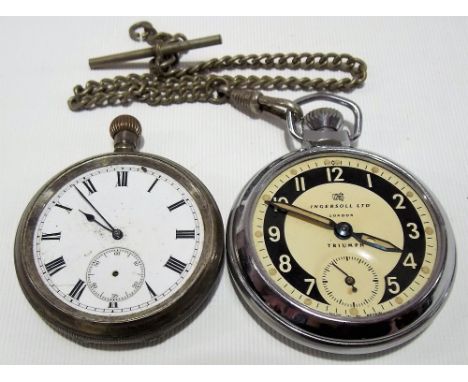 A silver cased crown wind pocket watch with white enamel dial (af) together with a nickel cased Ingersoll 'Triumph' pocket wa