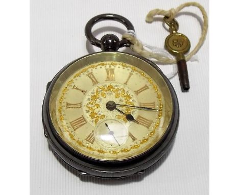 Victorian silver engine turned key wind pocket watch with engine turned case, the silver gilt applied textured 40mm dial with