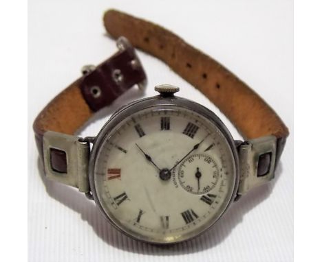 Early 20th Century gentleman's silver Longines lug wristwatch, the 25mm white enamel dial with black Roman Numerals and red R