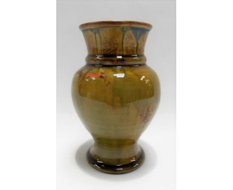 C.H. Brannam, Barum, North Devon earthenware baluster vase with yellow, blue and green drip glaze, impressed marks, height 15