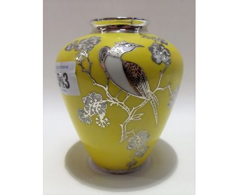 German porcelain silver overlay vase by Veyhl Zweibrucken, decorated with a bird upon blossoming branches upon a yellow groun