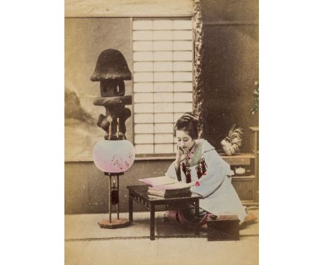 Japan.-  Photograph Album, 50 hand-tinted Albumen prints, comprising views of cherry gardens, temples, tea drinking, geisha, 