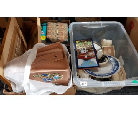 2 BOX LOTS TO INCLUDE CHINA, NEW HANDBAG AND PICTURES