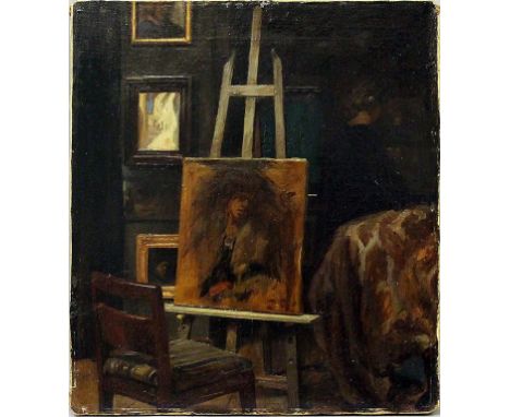 Philipssen, Sally Nicolaj (1879 Dänemark 1936) Künstleratelier mit Portrait auf einer Staffelei, im Hintergrund Dame, verso h
