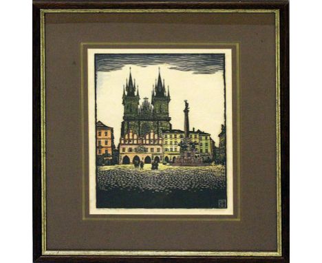 Thiemann, Carl Theodor (1881 Karlsbad-Dachau 1966) "Alt-Prag, die Teynkirche", so li. u. handschriftlich betitelt. Kolorierte