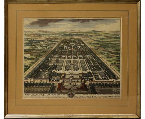 Handkolorierter Kupferstich (um 1720) "MAISON DE PLAISIR D'HERRENHAUSEN...BRUNSWICK LUNENBURG...", so in der Platte betitelt.