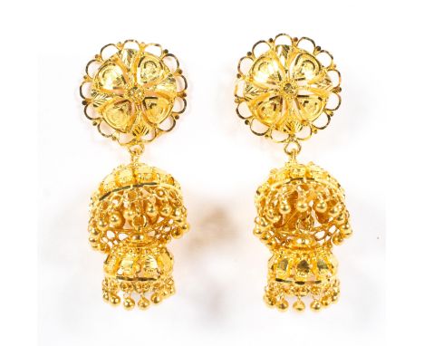A pair of 20th century unmarked yellow metal chandelier earrings of pierced and wire work design, 11.1g. 