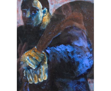 James Donovan (British, 21st century), portrait of a man carrying a sack, acrylic on canvas, verso inscribed and dated P.J.D.