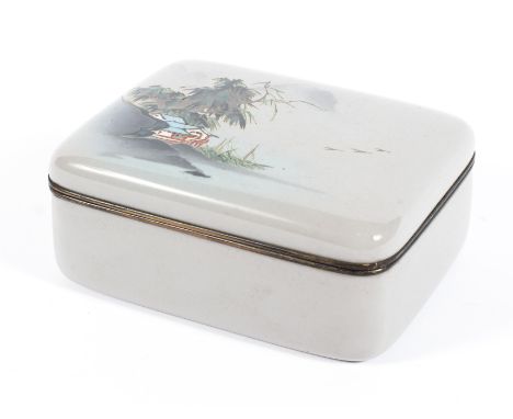 A Japanese enamel and cloisonne rectangular box and cover, early 20th century, decorated with pavilions beneath trees in a mo