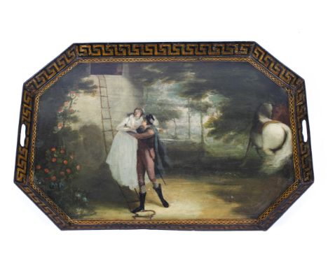 An early 19th century toleware two-handled canted rectangular tray, painted with a gentleman embracing a lady having escaped 