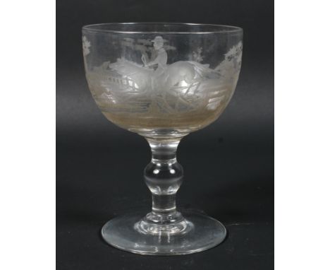 A 19th century engraved glass hunting rummer, with cup shaped bowl, engraved with a continuous hunting scene, on baluster ste