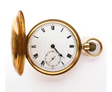 An 18ct gold cased full hunter pocket watch, the enamel dial with Roman numerals denoting hours, with seconds subsidiary dial