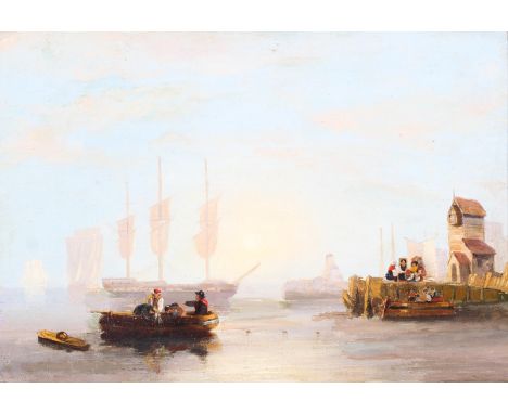 Dutch School, late 19th century, seascape with figures on boats, oil on board, in giltwood and gesso frame, 38cm x 27cm 