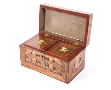 A Regency mahogany inlaid parquetry tea caddy, inset with chequered and geometric veneers, fitted with two covers with ivory 