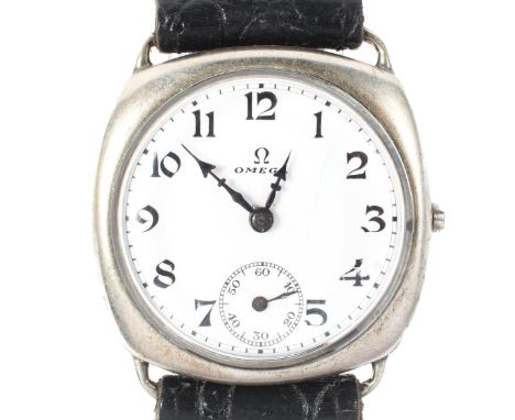 An early 20th century Omega cushion case wristwatch, caliber 25.5.SOB, circa 1930s, the enamel dial with Arabic numerals deno