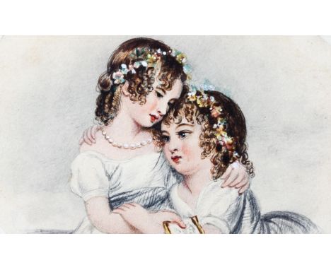 A Victorian portrait of two girls, watercolour and pencil, the two garlanded children embracing, in giltwood frame, 8.5cm x 5