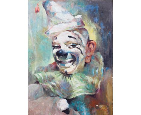 Julian Ritter (American/Polish 1909 - 2000), portrait of a smiling clown, oil on board, signed lower right, 59 cm x 49 cm, in