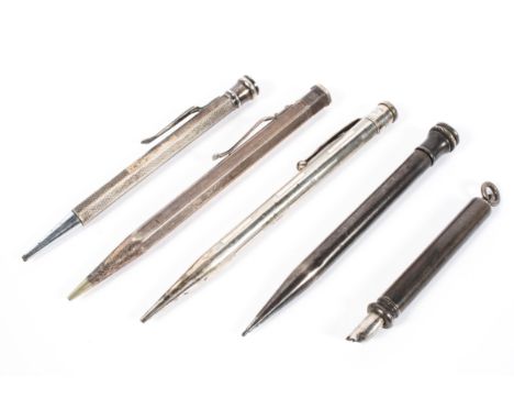 A collection of five silver propelling pens and pencils, to include one by Sampson Mordan &amp; Co and two by Yard-o-led, thr