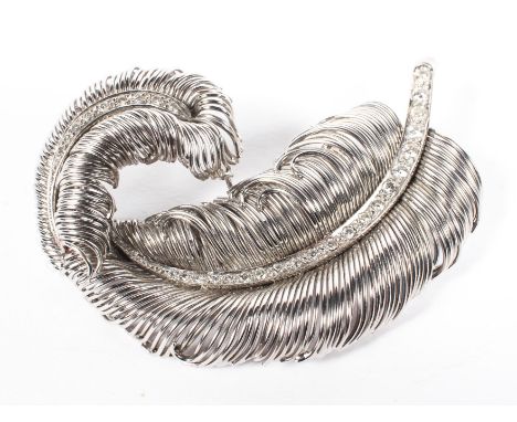Boucheron Paris (unmarked) an 18ct white gold and diamond feather brooch. 25.4g. 6.5cm. Reputedly purchased at Boucheron and 