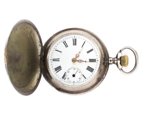 An unusual white metal Niello detailed full hunter pocket watch, 15 jewel movement, with St George medallion to one side, ena