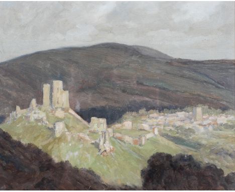 Philip Gregory Needell (1886-1974), Evening Light at Corfe Castle, oil on paper, signed lower right, framed, 21cm x 26.5cm