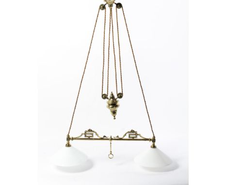 A Belgian brass adjustable ceiling light, early 20th century, the twin-light horizontal branch cast with Key-pattern suspendi