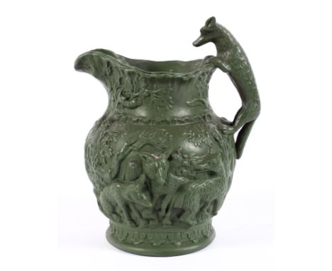 A Staffordshire green coloured stoneware relief moulded hunting jug, late 19th century, impressed 12 and moulded No. 20 to ba